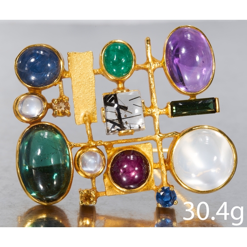 167 - FINE ABSTRACT DESIGN MULTI-GEMSTONE BROOCH,
High carat gold.
Gemstones including Moonstone, Sapphire... 