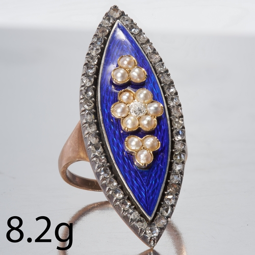 170 - ANTIQUE GEORGIAN PEARL, DIAMOND AND ENAMEL RING, 
High carat gold and silver.
Diamonds bright and li... 