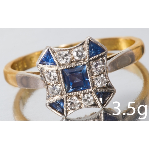 179 - ART-DECO SAPPHIRE AND DIAMOND CLUSTER RING,
High carat gold and platinum.
Sapphires well matched.
Br... 