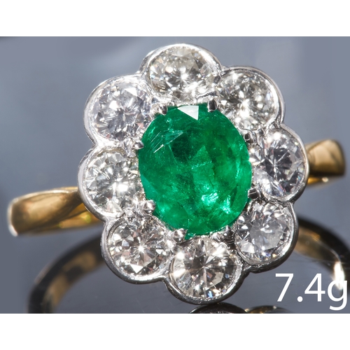 183 - FINE EMERALD AND DIAMOND CLUSTER RING,
High carat gold and platinum.
Vibrant emerald of approx. 0.93... 