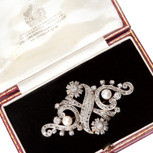 194 - FINE ANTIQUE VICTORIAN PEARL AND DIAMOND SCROLLING BROOCH,
In high carat gold and silver.
Diamonds t... 