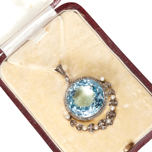 196 - BEAUTIFUL EDWARDIAN AQUAMARINE DIAMOND AND PEARL PENDANT, 
Large rich and vibrant aquamarine of appr... 