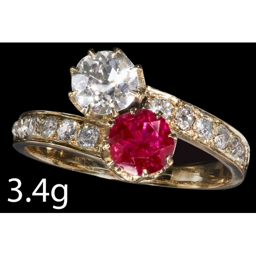 207 - FINE ANTIQUE RUBY AND DIAMOND TOI-ET-MOI RING,
High carat gold.
Rich and vibrant ruby totalling appr... 