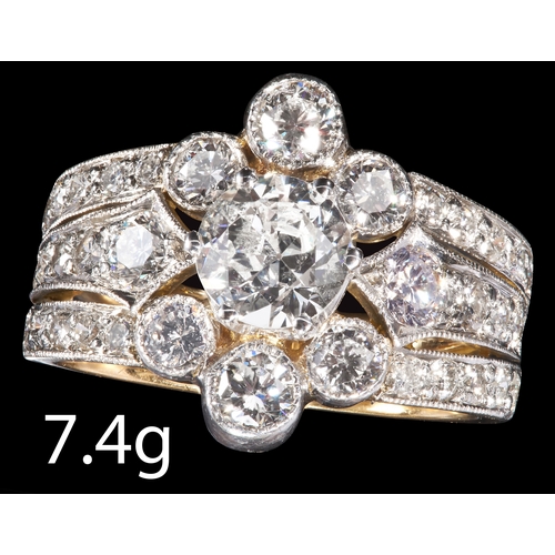 208 - FINE DIAMOND 3-ROW RING
18 ct. gold and platinum (French).
Central diamond of approx. 0.78 ct.
Diamo... 