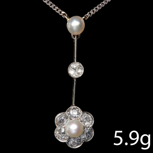 24 - EDWARDIAN PEARL AND DIAMOND CLUSTER DROP PENDANT NECKLACE
high carat gold.
Set to the top with a pea... 