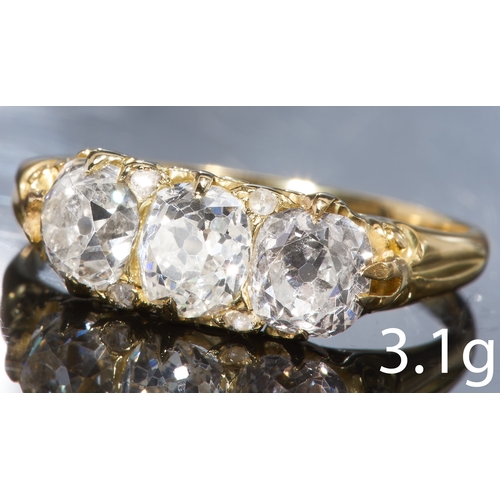 3 - ANTIQUE VICTORIAN DIAMOND 3-STONE RING,
High carat gold.
Diamonds totalling approx. 1.13 ct. 
Diamon... 