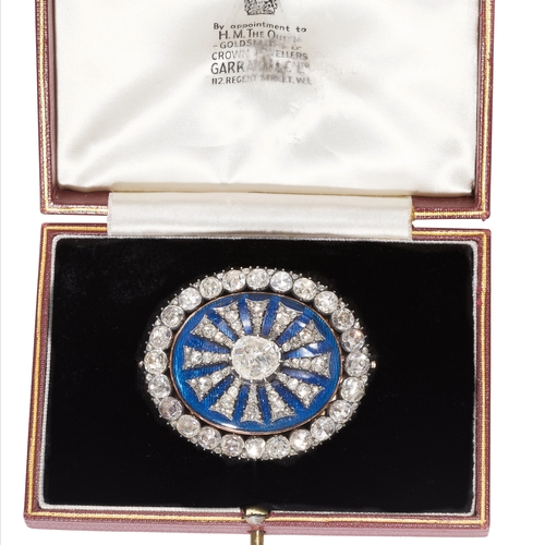 32 - TRULY MAGNIFICENT GEORGIAN DIAMOND AND ENAMEL BROOCH.
Large rose cut diamond of approx. 10.3 x 9.1 m... 