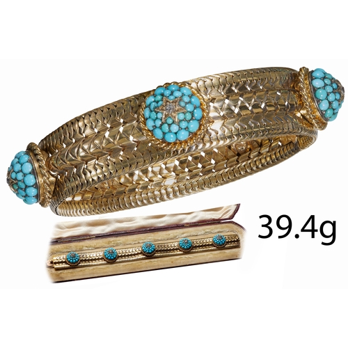 52 - VICTORIAN TURQUOISE AND DIAMOND BRACELET.
High carat gold.
Set with 5 turquoise and diamond domed cl... 