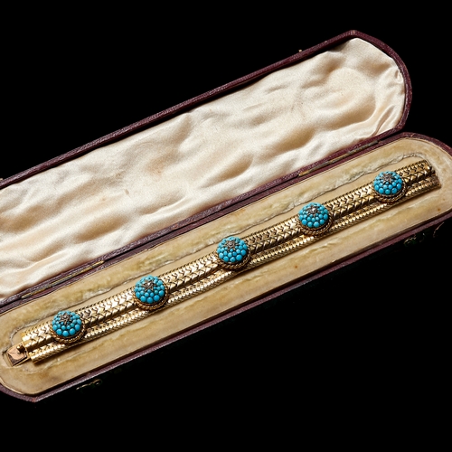 52 - VICTORIAN TURQUOISE AND DIAMOND BRACELET.
High carat gold.
Set with 5 turquoise and diamond domed cl... 