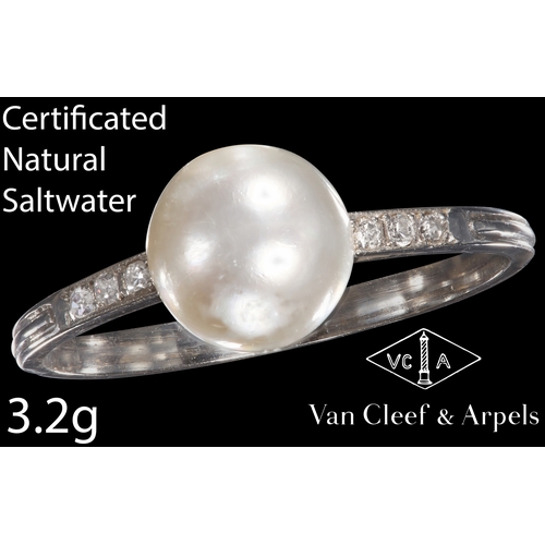 57 - VAN CLEEF & ARPELS, CERTIFICATED NATURAL SALTWATER PEARL AND DIAMOND RING, 
Set with a natural saltw... 