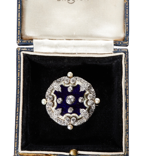 62 - IMPRESSIVE DIAMOND, PEARL AND ENAMEL BROOCH.
High carat gold and silver.
Diamonds totalling approx. ... 