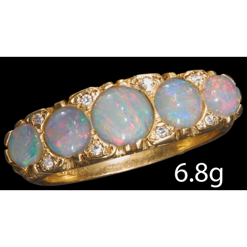 63 - OPAL AND DIAMOND 5-STONE RING
18 ct. gold.
Vibrant opals with good play of color.
Diamond accents.
S... 