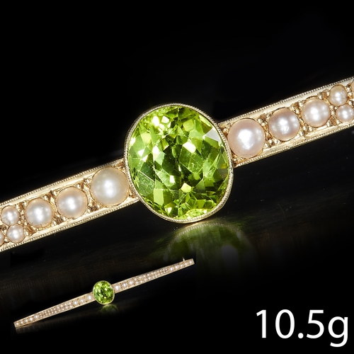 71 - LARGE VICTORIAN PEARL AND PERIDOT BAR BROOCH, 
High carat gold.
Vibrant peridot of approx. 6.08 ct.
... 