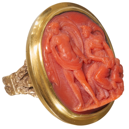 74 - FINE ANTIQUE CARVED CORAL CAMEO RING. 
High carat gold.
Detailed carving, depicting a bust of two wo... 