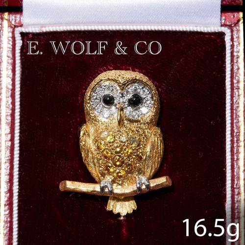 81 - E WOLF & CO, LONDON. FINE YELLOW AND WHITE DIAMOND OWL BROOCH
18 ct. gold.
Yellow diamonds totalling... 