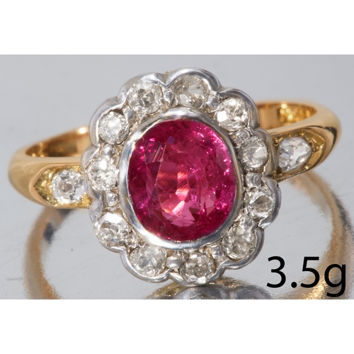 148 - ANTIQUE RUBY AND DIAMOND CLUSTER RING
18 ct. gold.
Vibrant ruby of approx. 1.22 ct.
Diamonds bright ... 