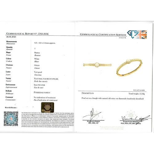 60 - CERTIFICATED ANTIQUE NATURAL SALTWATER PEARL AND DIAMOND HINGED BANGLE, 
High carat gold.
Fine pearl... 