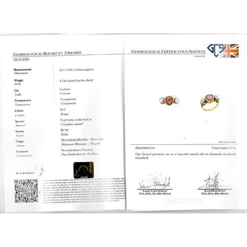 144 - MAGNIFICENT AND IMPORTANT ANTIQUE CERTIFICATED  4.12 CT. BURMA 'MOGOK' NO HEAT AND DIAMOND 3-STONE R... 