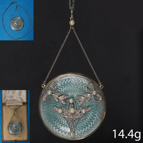 1 - EDWARDIAN ENAMEL PEARL AND DIAMOND PENDANT,
Enamel in good condition.
Diamonds bright and lively.
Pe... 
