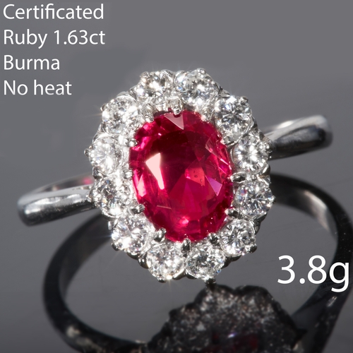 12 - CERTIFICATED 1.63 CT. BURMA RUBY AND DIAMOND CLUSTER RING,
Platinum.
Rich and vibrant ruby of 1.63 c... 