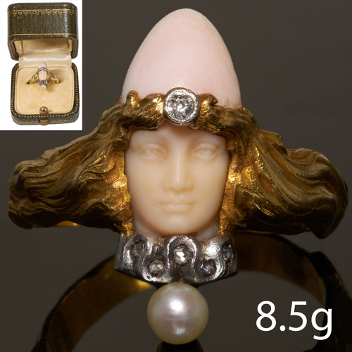 14 - VERY FINE AND RARE ART-NOUVEAU CORAL AND PEARL RING,
French, 18 ct. gold.
The carved face topped wit... 