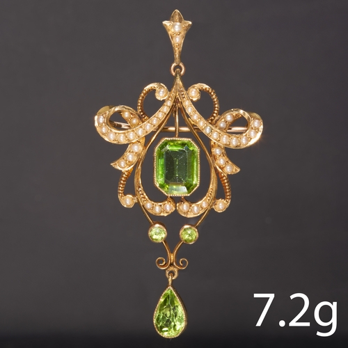 15 - VICTORIAN PERIDOT AND PEARL PENDANT/BROOCH,
15 ct. gold.
Vibrant peridot.
Pearls well matched, (beli... 