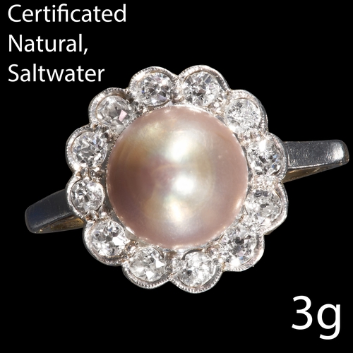 16 - CERTIFICATED NATURAL SALTWATER PEARL AND DIAMOND CLUSTER RING,
High carat gold.
Fine pearl of approx... 