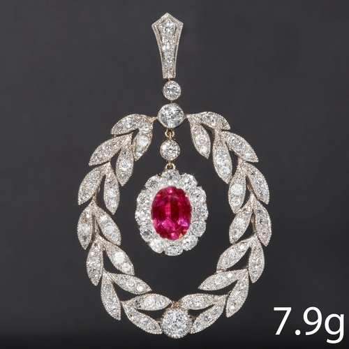 19 - BELLE EPOQUE RUBY AND DIAMOND LAUREL PENDANT,
Gemstones totalling approx. 3.45 ct.
Ruby of approx. 1... 