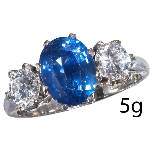 20 - SAPPHIRE AND DIAMOND THREE STONE RING
Platinum
Vibrant blue sapphire of approx. 3.02 ct.
Diamonds to... 