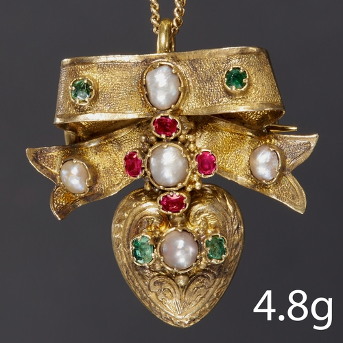 21 - ANTIQUE MULTI GEM SET BOW PENDANT/BROOCH,
Emeralds, rubies and pearls.
Locket back.
On fine chain ne... 
