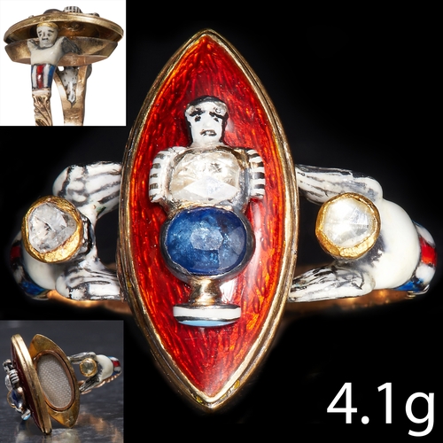 22 - RARE ANTIQUE GEORGIAN ENAMEL SAPPHIRE AND DIAMOND LOCKET RING,
High carat gold.
The marquise shaped ... 