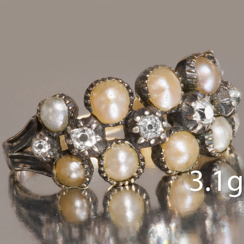 26 - ANTIQUE PEARL AND DIAMOND RING,
Bright and lively diamonds.
Pearls untested, believed to be natural.... 