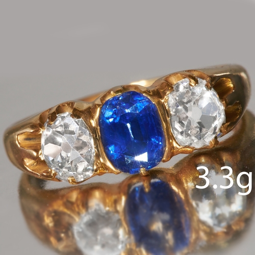 30 - SAPPHIRE AND DIAMOND 3-STONE RING, 
In high carat gold.
Lovely vibrant sapphire of approx. 0.76 ct.
... 