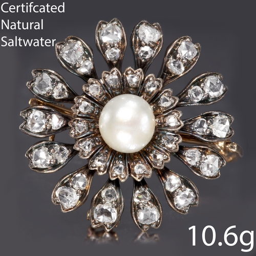 31 - NATURAL SALTWATER PEARL AND DIAMOND BROOCH,
Pearl of approx. 7.3 x 7.1 x 5.5 mm. (certificated, natu... 