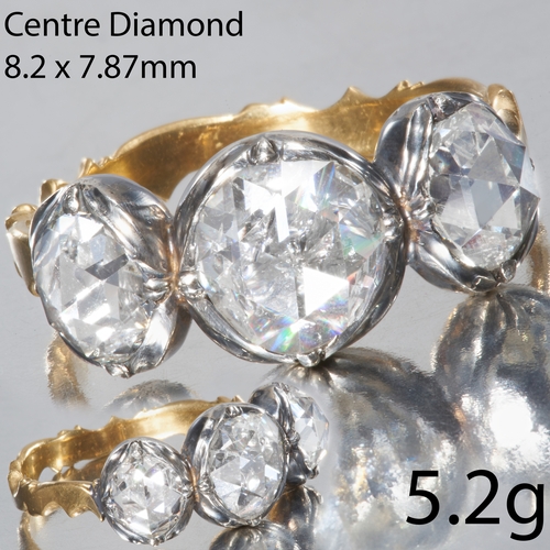 34 - RARE AND LARGE ANTIQUE 3-STONE ROSE CUT DIAMOND RING,
Bright and lively rose cut diamonds.
Diamonds ... 