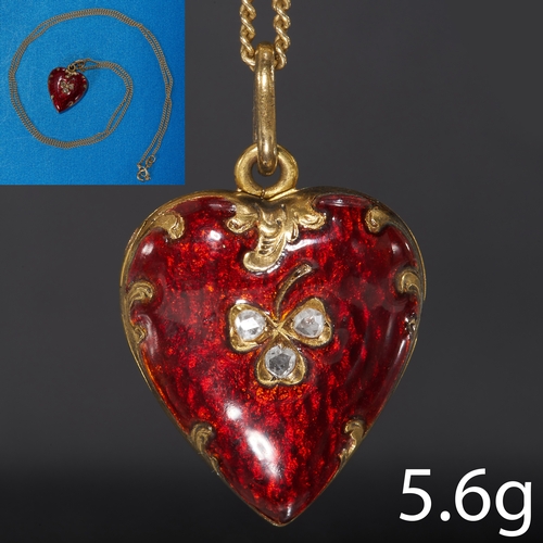 39 - ANTIQUE ENAMEL AND DIAMOND HEART LOCKET PENDANT NECKLACE,
High carat gold.
Red enamel in good condit... 
