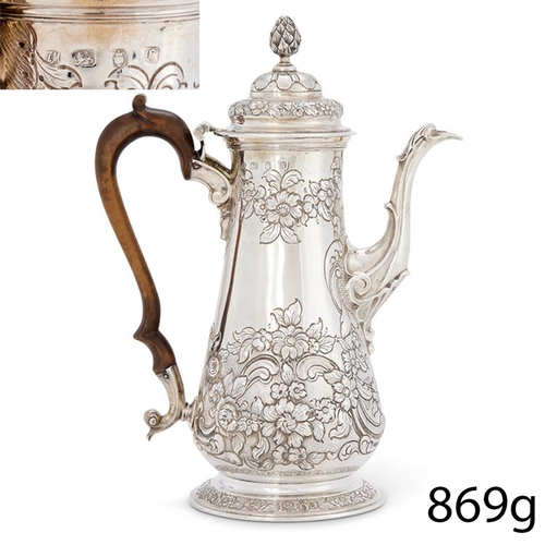 43 - FINE GEORRGE III SILVER COFFEE POT.
Fine floral relief decoration.
Wooden handle.
Makers mark Thomas... 
