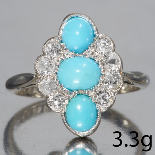 44 - ART-DECO TURQUOISE AND DIAMOND RING,
18 ct. gold and platinum.
Turquoise bright and well matched.
Di... 