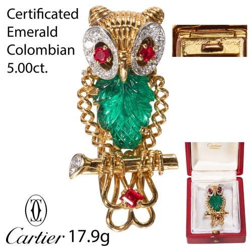 45 - CARTIER, IMPORTANT CERTIFICATED COLOMBIAN EMERALD & DIAMOND OWL BROOCH, 
CA. 1950, 
High carat gold.... 