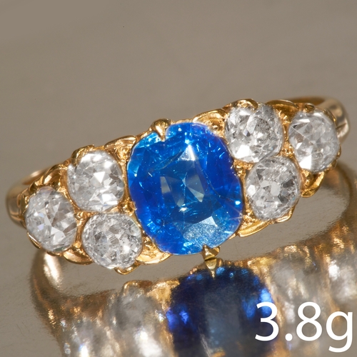 46 - FINE ANTIQUE SAPPHIRE AND DIAMOND RING,
High carat gold.
Vibrant blue sapphire of approx. 1.44 ct.
D... 