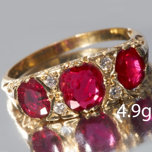 54 - RUBY AND DIAMOND 3-STONE RING,
High carat gold.
Rich and vibrant rubies
Diamonds bright and lively.
... 
