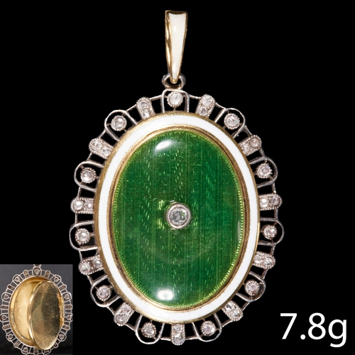 55 - EDWARDIAN ENAMEL AND DIAMOND HIDDEN LOCKET PENDANT, 
Fine green guilloche enamel.
Diamonds bright an... 