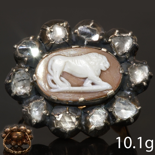 60 - ANTIQUE CAMEO AND DIAMOND CLUSTER RING,
High carat gold and silver.
Carved cameo depicting a lion.
F... 