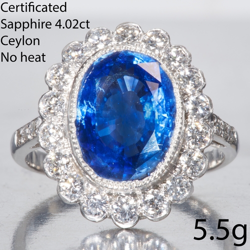 10 - CERTIFICATED CEYLON NO HEAT SAPPHIRE AND DIAMOND CLUSTER RING,
Platinum
Rich and vibrant deep blue s... 
