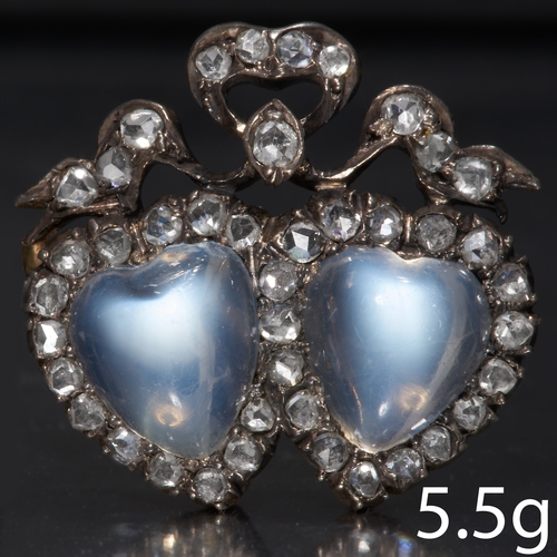 23 - VICTORIAN MOONSTONE AND DIAMOND DOUBLE HEART BROOCH,
Vibrant moonstones with nice blue shiller.
Diam... 