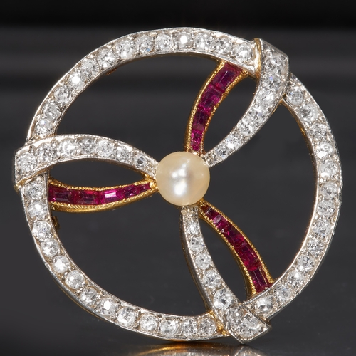 27 - EDWARDIAN DIAMOND RUBY AND PEARL BROOCH,
High carat gold.
Diamonds totalling approx. 1.25 ct. bright... 