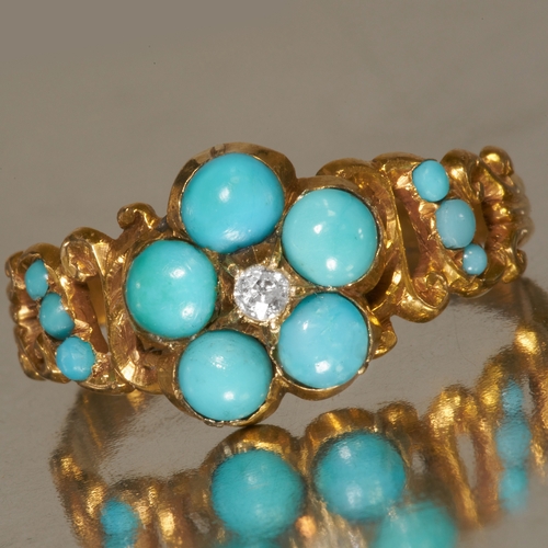 56 - VICTORIAN TURQUOISE AND DIAMOND CLUSTER RING,
High carat gold
Turquoise well matched.
Size O.
2.4 gr... 