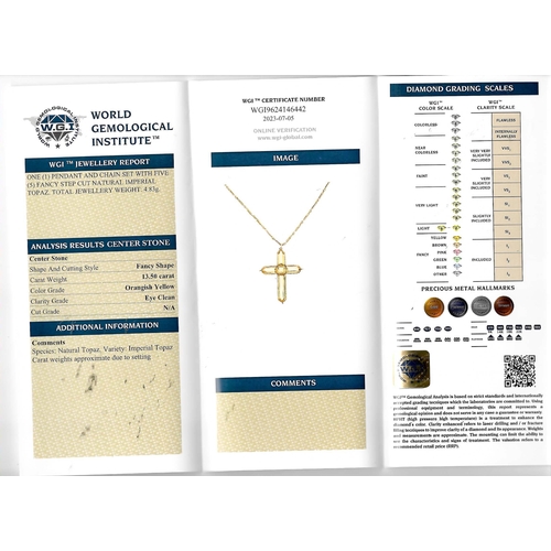 17 - CERTIFICATED IMPERIAL TOPAZ CROSS PENDANT AND A CHAIN.
High carat gold.
Set with vibrant rich topaz ... 