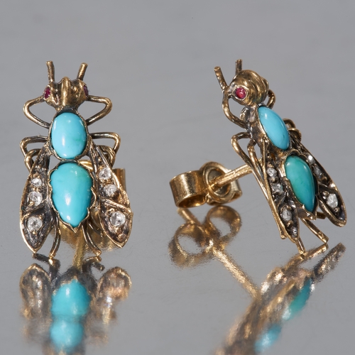 198 - A PAIR OF FRENCH TURQUOISE RUBY AND DIAMOND BUG DRESS STUDS.
Set with vibrant turquoise and bright a... 