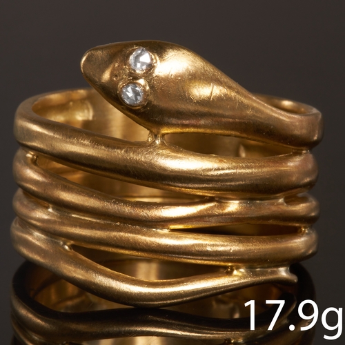 199 - ATTRACTIVE 4-COIL DIAMOND SNAKE RING, 
18 ct. gold.
Fine 4-coil design.
Diamond eyes.
Size W 1/2.
17... 